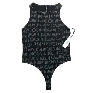 NWT Calvin Klein Perf Black Signature Zip Cotton Thong Snap Bodysuit Size M